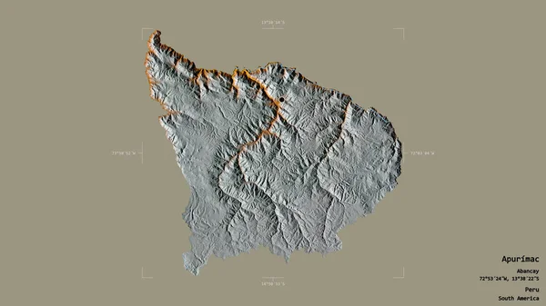 Area of Apurimac, region of Peru, isolated on a solid background in a georeferenced bounding box. Labels. Topographic relief map. 3D rendering