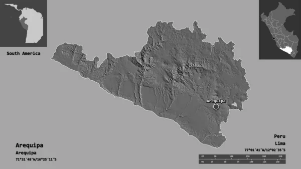 アレキパの形 ペルーの地域 その首都 距離スケール プレビューおよびラベル 標高マップ 3Dレンダリング — ストック写真