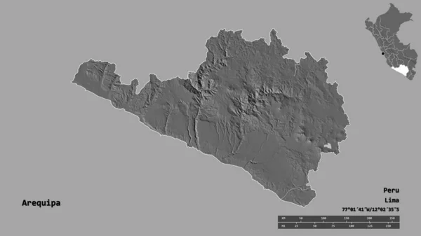 秘鲁地区阿雷基帕的形状 其首都在坚实的背景下与世隔绝 距离尺度 区域预览和标签 Bilevel高程图 3D渲染 — 图库照片
