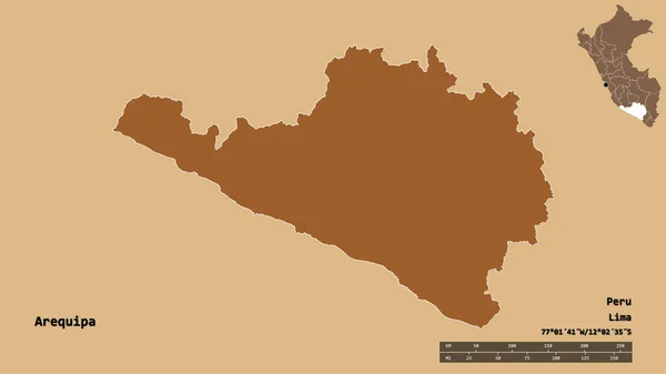 秘鲁地区阿雷基帕的形状 其首都在坚实的背景下与世隔绝 距离尺度 区域预览和标签 有规律的纹理的组成 3D渲染 — 图库照片