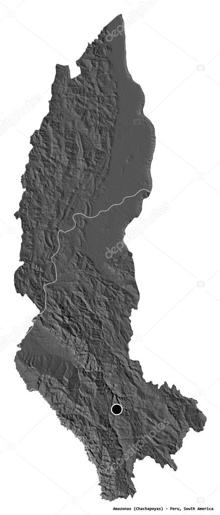 Shape of Amazonas, region of Peru, with its capital isolated on white background. Bilevel elevation map. 3D rendering