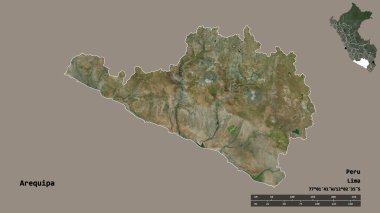 Peru 'nun Arequipa bölgesi, başkenti katı bir zemin üzerinde izole edilmiştir. Uzaklık ölçeği, bölge önizlemesi ve etiketleri. Uydu görüntüleri. 3B görüntüleme