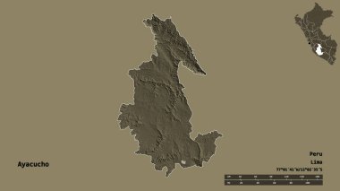 Peru 'nun Ayacucho bölgesi, başkenti katı bir zemin ile izole edilmiştir. Uzaklık ölçeği, bölge önizlemesi ve etiketleri. Renkli yükseklik haritası. 3B görüntüleme