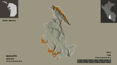 Ayacucho 'nun şekli, Peru bölgesi ve başkenti. Uzaklık ölçeği, ön gösterimler ve etiketler. Topografik yardım haritası. 3B görüntüleme