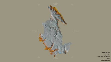 Ayacucho bölgesi, Peru bölgesi, jeoreferatlı bir sınır kutusunda sağlam bir arka planda izole edilmiş. Etiketler. Topografik yardım haritası. 3B görüntüleme