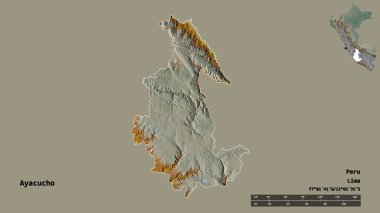 Peru 'nun Ayacucho bölgesi, başkenti katı bir zemin ile izole edilmiştir. Uzaklık ölçeği, bölge önizlemesi ve etiketleri. Topografik yardım haritası. 3B görüntüleme