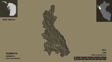 Cajamarca 'nın şekli, Peru bölgesi ve başkenti. Uzaklık ölçeği, ön gösterimler ve etiketler. Renkli yükseklik haritası. 3B görüntüleme