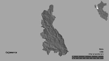 Cajamarca şekli, Peru bölgesi, başkenti sağlam bir zemin üzerinde izole edilmiş. Uzaklık ölçeği, bölge önizlemesi ve etiketleri. Çift seviyeli yükseklik haritası. 3B görüntüleme