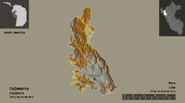 Cajamarca 'nın şekli, Peru bölgesi ve başkenti. Uzaklık ölçeği, ön gösterimler ve etiketler. Topografik yardım haritası. 3B görüntüleme