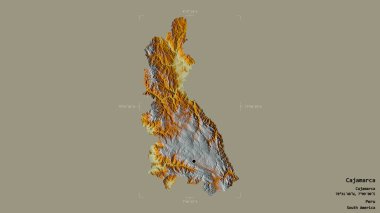 Cajamarca bölgesi, Peru bölgesi, jeoreferatlı bir sınır kutusunda sağlam bir arka planda izole edilmiş. Etiketler. Topografik yardım haritası. 3B görüntüleme