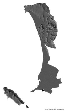 Başkenti beyaz arka planda izole edilmiş olan Callao, Peru eyaleti. Çift seviyeli yükseklik haritası. 3B görüntüleme