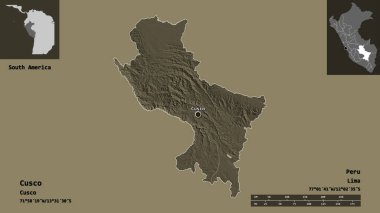 Cusco 'nun şekli, Peru bölgesi ve başkenti. Uzaklık ölçeği, ön gösterimler ve etiketler. Renkli yükseklik haritası. 3B görüntüleme