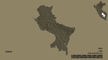 Peru bölgesi olan Cusco 'nun başkenti sağlam bir zemin üzerinde izole edilmiştir. Uzaklık ölçeği, bölge önizlemesi ve etiketleri. Renkli yükseklik haritası. 3B görüntüleme