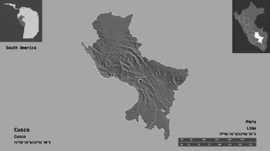 Cusco 'nun şekli, Peru bölgesi ve başkenti. Uzaklık ölçeği, ön gösterimler ve etiketler. Çift seviyeli yükseklik haritası. 3B görüntüleme