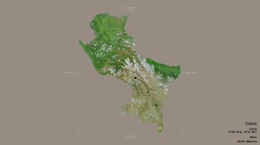 Cusco bölgesi, Peru bölgesi, katı bir arka planda izole edilmiş bir sınır kutusunda. Etiketler. Uydu görüntüleri. 3B görüntüleme