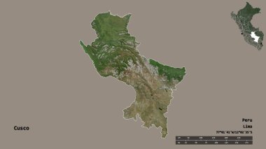 Peru bölgesi olan Cusco 'nun başkenti sağlam bir zemin üzerinde izole edilmiştir. Uzaklık ölçeği, bölge önizlemesi ve etiketleri. Uydu görüntüleri. 3B görüntüleme