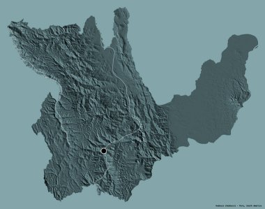 Peru 'nun Huanuco bölgesi, başkenti katı renk arkaplanı ile izole edilmiştir. Renkli yükseklik haritası. 3B görüntüleme