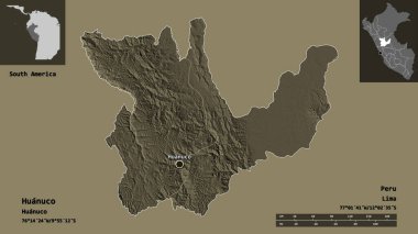 Huanuco 'nun şekli, Peru bölgesi ve başkenti. Uzaklık ölçeği, ön gösterimler ve etiketler. Renkli yükseklik haritası. 3B görüntüleme