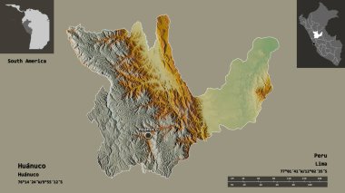 Huanuco 'nun şekli, Peru bölgesi ve başkenti. Uzaklık ölçeği, ön gösterimler ve etiketler. Topografik yardım haritası. 3B görüntüleme
