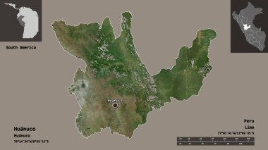 Huanuco 'nun şekli, Peru bölgesi ve başkenti. Uzaklık ölçeği, ön gösterimler ve etiketler. Uydu görüntüleri. 3B görüntüleme