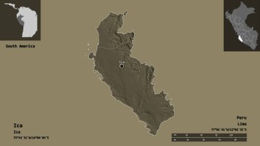 Ica 'nın şekli, Peru bölgesi ve başkenti. Uzaklık ölçeği, ön gösterimler ve etiketler. Renkli yükseklik haritası. 3B görüntüleme