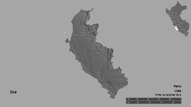 Peru 'nun Ica bölgesi, başkenti katı bir zemin üzerinde izole edilmiştir. Uzaklık ölçeği, bölge önizlemesi ve etiketleri. Çift seviyeli yükseklik haritası. 3B görüntüleme