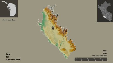 Ica 'nın şekli, Peru bölgesi ve başkenti. Uzaklık ölçeği, ön gösterimler ve etiketler. Topografik yardım haritası. 3B görüntüleme