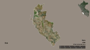 Peru 'nun Ica bölgesi, başkenti katı bir zemin üzerinde izole edilmiştir. Uzaklık ölçeği, bölge önizlemesi ve etiketleri. Uydu görüntüleri. 3B görüntüleme