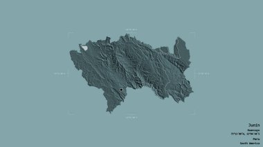 Junin bölgesi, Peru bölgesi, katı bir arka planda izole edilmiş bir sınır kutusunda. Etiketler. Renkli yükseklik haritası. 3B görüntüleme