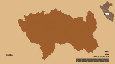 Peru 'nun Junin bölgesi, başkenti katı bir zemin ile izole edilmiştir. Uzaklık ölçeği, bölge önizlemesi ve etiketleri. Düzenli desenli dokuların bileşimi. 3B görüntüleme