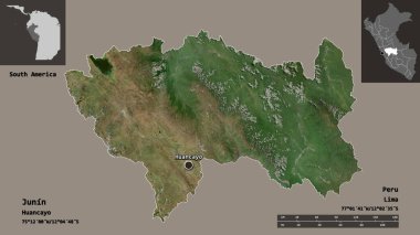 Junin 'in şekli, Peru bölgesi ve başkenti. Uzaklık ölçeği, ön gösterimler ve etiketler. Uydu görüntüleri. 3B görüntüleme