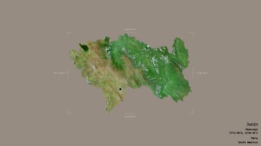 Junin bölgesi, Peru bölgesi, katı bir arka planda izole edilmiş bir sınır kutusunda. Etiketler. Uydu görüntüleri. 3B görüntüleme