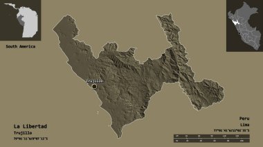 La Libertad 'ın şekli, Peru bölgesi ve başkenti. Uzaklık ölçeği, ön gösterimler ve etiketler. Renkli yükseklik haritası. 3B görüntüleme
