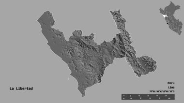 La Libertad 'ın şekli, Peru bölgesi, başkenti sağlam bir zemin üzerinde izole edilmiş. Uzaklık ölçeği, bölge önizlemesi ve etiketleri. Çift seviyeli yükseklik haritası. 3B görüntüleme