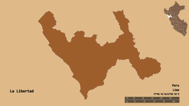 La Libertad 'ın şekli, Peru bölgesi, başkenti sağlam bir zemin üzerinde izole edilmiş. Uzaklık ölçeği, bölge önizlemesi ve etiketleri. Düzenli desenli dokuların bileşimi. 3B görüntüleme
