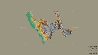 La Libertad bölgesi, Peru bölgesi, katı bir arka planda izole edilmiş bir sınır kutusunda. Etiketler. Topografik yardım haritası. 3B görüntüleme