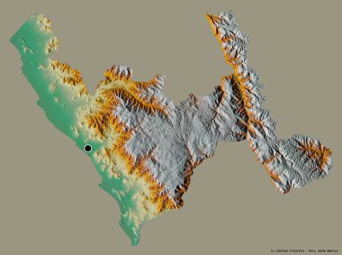 La Libertad, Peru bölgesi, başkenti katı renk arkaplanı ile izole edilmiştir. Topografik yardım haritası. 3B görüntüleme