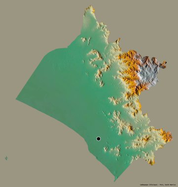 Lambayeque, Peru bölgesi, başkenti katı renk arkaplanı ile izole edilmiştir. Topografik yardım haritası. 3B görüntüleme