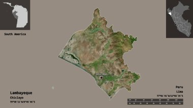 Lambayeque, Peru bölgesi ve başkenti. Uzaklık ölçeği, ön gösterimler ve etiketler. Uydu görüntüleri. 3B görüntüleme