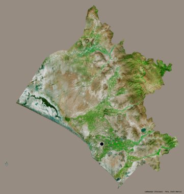 Lambayeque, Peru bölgesi, başkenti katı renk arkaplanı ile izole edilmiştir. Uydu görüntüleri. 3B görüntüleme