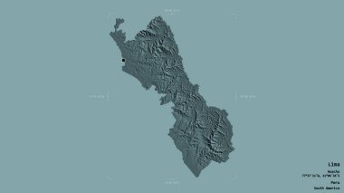 Lima bölgesi, Peru bölgesi, katı bir arka planda izole edilmiş bir sınır kutusunda. Etiketler. Renkli yükseklik haritası. 3B görüntüleme