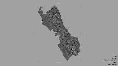 Lima bölgesi, Peru bölgesi, katı bir arka planda izole edilmiş bir sınır kutusunda. Etiketler. Çift seviyeli yükseklik haritası. 3B görüntüleme