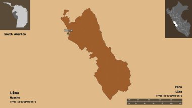 Lima 'nın şekli, Peru bölgesi ve başkenti. Uzaklık ölçeği, ön gösterimler ve etiketler. Düzenli desenli dokuların bileşimi. 3B görüntüleme