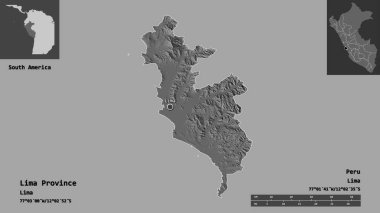 Lima Eyaleti, Peru ili ve başkenti. Uzaklık ölçeği, ön gösterimler ve etiketler. Çift seviyeli yükseklik haritası. 3B görüntüleme