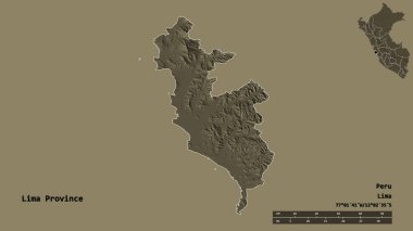 Lima Eyaleti, Peru eyaleti, başkenti katı bir zemin ile izole edilmiştir. Uzaklık ölçeği, bölge önizlemesi ve etiketleri. Renkli yükseklik haritası. 3B görüntüleme