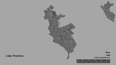 Lima Eyaleti, Peru eyaleti, başkenti katı bir zemin ile izole edilmiştir. Uzaklık ölçeği, bölge önizlemesi ve etiketleri. Çift seviyeli yükseklik haritası. 3B görüntüleme