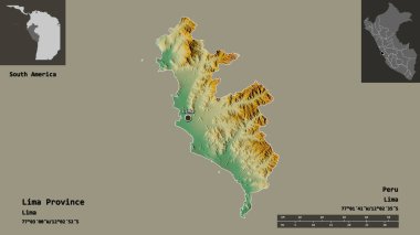 Lima Eyaleti, Peru ili ve başkenti. Uzaklık ölçeği, ön gösterimler ve etiketler. Topografik yardım haritası. 3B görüntüleme