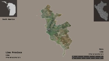 Lima Eyaleti, Peru ili ve başkenti. Uzaklık ölçeği, ön gösterimler ve etiketler. Uydu görüntüleri. 3B görüntüleme