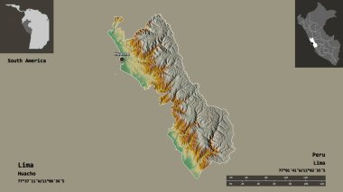 Lima 'nın şekli, Peru bölgesi ve başkenti. Uzaklık ölçeği, ön gösterimler ve etiketler. Topografik yardım haritası. 3B görüntüleme