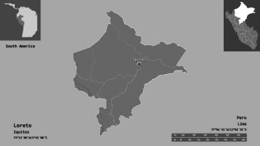 Loreto 'nun şekli, Peru bölgesi ve başkenti. Uzaklık ölçeği, ön gösterimler ve etiketler. Çift seviyeli yükseklik haritası. 3B görüntüleme